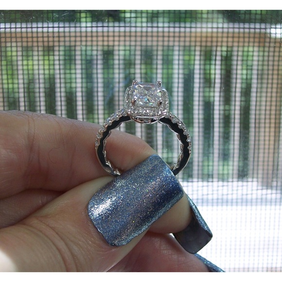 925 STERLING SILVER Radiant Cut Clear Cubic Zirconia Halo Ring - Picture 9 of 16
